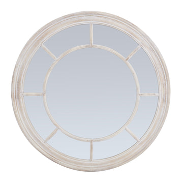 A Stunning Round Mirror with Washed Wood Frame - Traditional Craftsmanship & Coastal Charm - Perfect for Any Interior by Hill Interiors at www.brixbailey.com