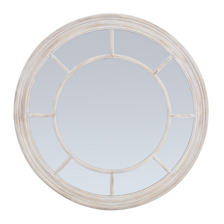 A Stunning Round Mirror with Washed Wood Frame - Traditional Craftsmanship & Coastal Charm - Perfect for Any Interior by Hill Interiors at www.brixbailey.com