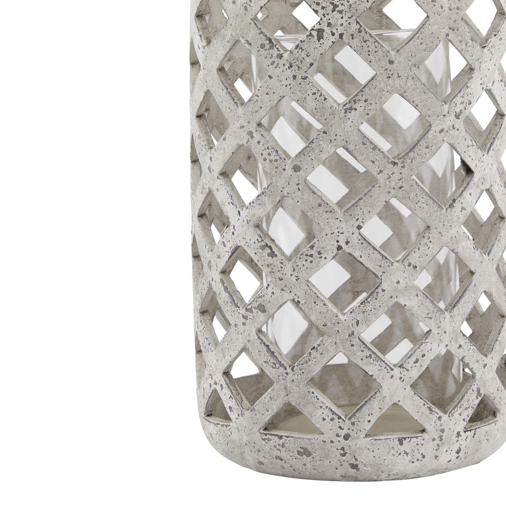 Weathered grey stone-effect ceramic hurricane lantern, 32cm tall, rustic Mediterranean home decor centerpiece by Sostter at brixbailey.com