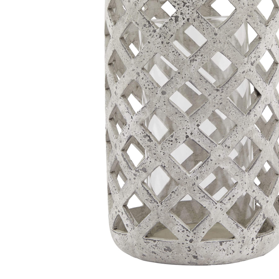 Weathered grey stone-effect ceramic hurricane lantern, 32cm tall, rustic Mediterranean home decor centerpiece by Sostter at brixbailey.com