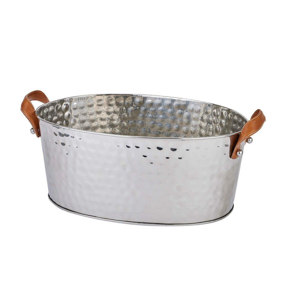 Silver champagne cooler with hand-hammered metal and leather handles, elegant ice bucket for entertaining (124 chars) by Sostter at brixbailey.com