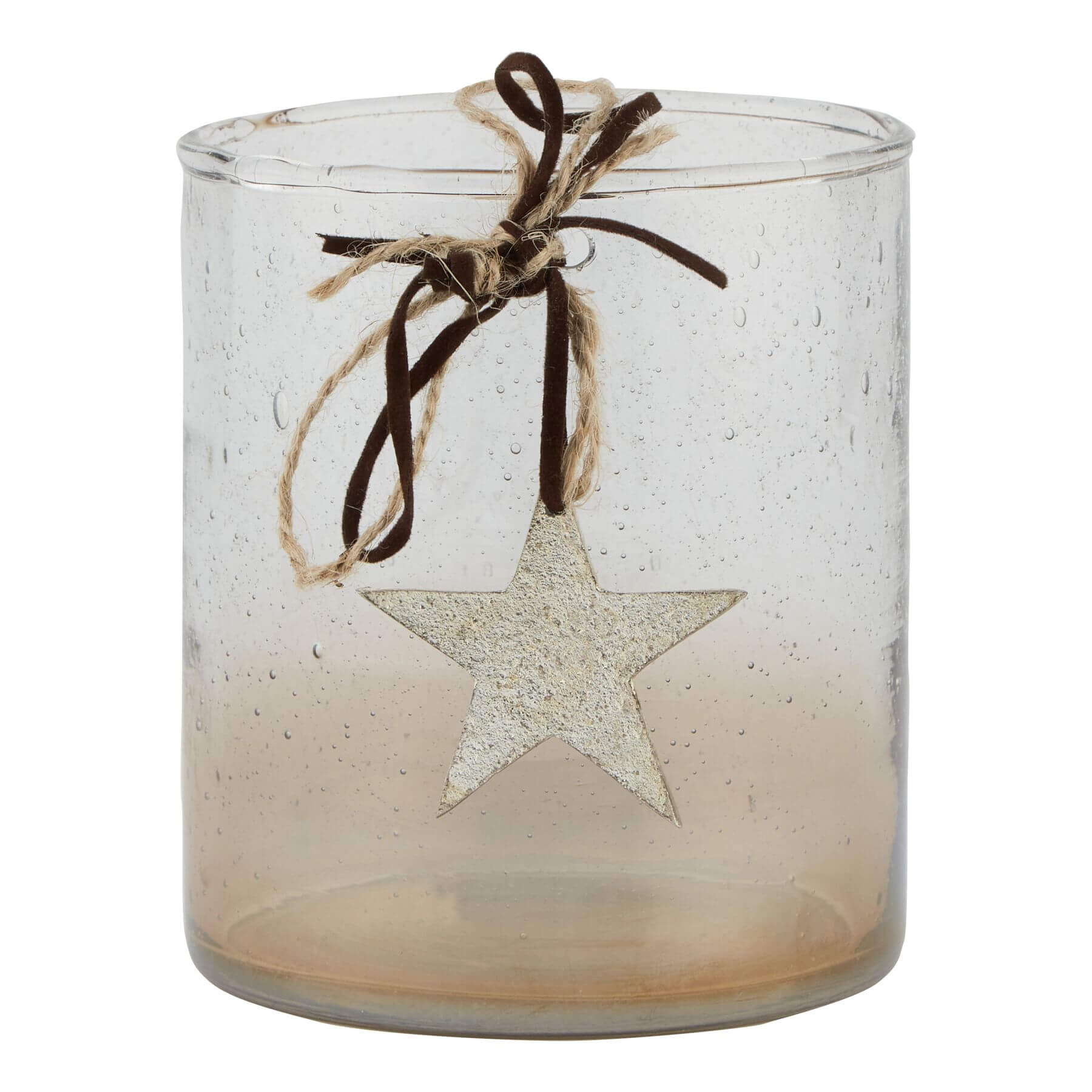 Handcrafted glass votive with coffee ombre gradient and floating white star, tied with twine for rustic-modern decor. by RoomLondon at brixbailey.com