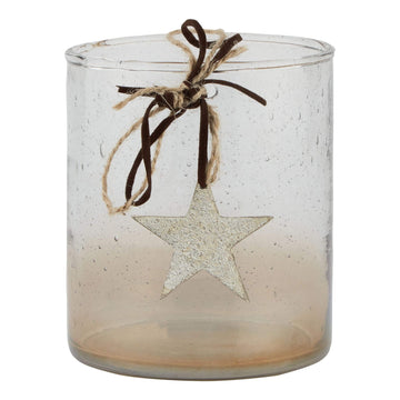 Handcrafted glass votive with coffee ombre gradient and floating white star, tied with twine for rustic-modern decor. by Sostter at brixbailey.com