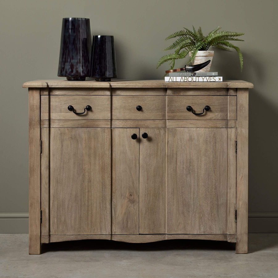 French-inspired bleached wood sideboard with black iron handles, modern storage for dining rooms by Sostter at brixbailey.com