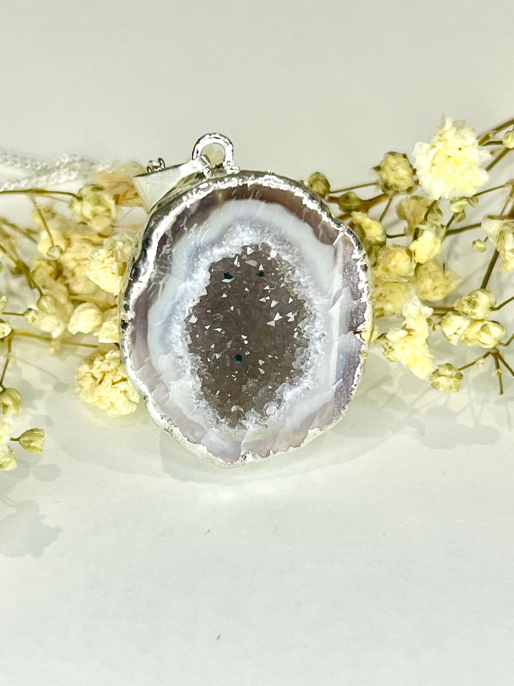 Half Geode Agate Necklace with Druzy and Silver Plated Chain