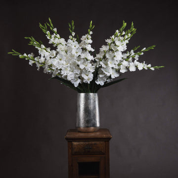Lifelike white faux gladioli in tall 108cm arrangement, premium plastic stems with realistic florets and foliage by Sostter at brixbailey.com