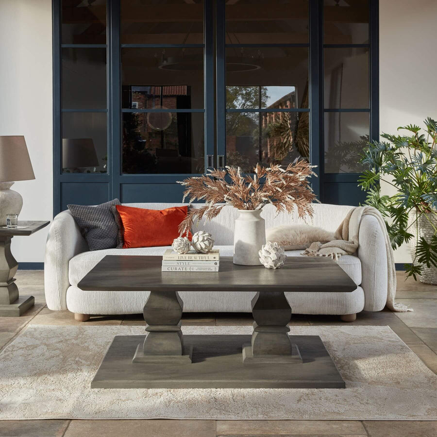 Chunky acacia wood Lucia coffee table in deep grey stain, modern handcrafted centerpiece with artisanal character. by Sostter at brixbailey.com