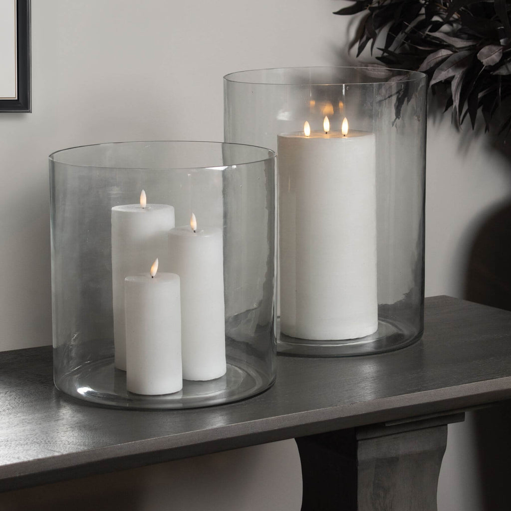 Clear glass cylinder vase, 30cm tall, for floral arrangements or candle displays, minimalist home decor by RoomLondon at brixbailey.com