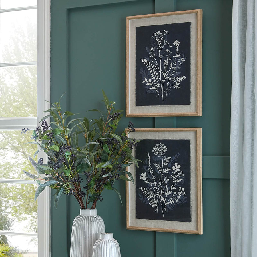 Botanical artwork on linen with beaded frame, crisp white and natural hues, 50x40cm, Flora & Fauna collection by Sostter at brixbailey.com