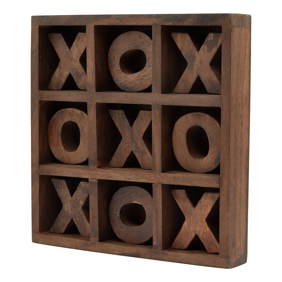 Handcrafted wooden noughts and crosses set in rich brown, rustic-modern design for gaming and home decor by Sostter at brixbailey.com