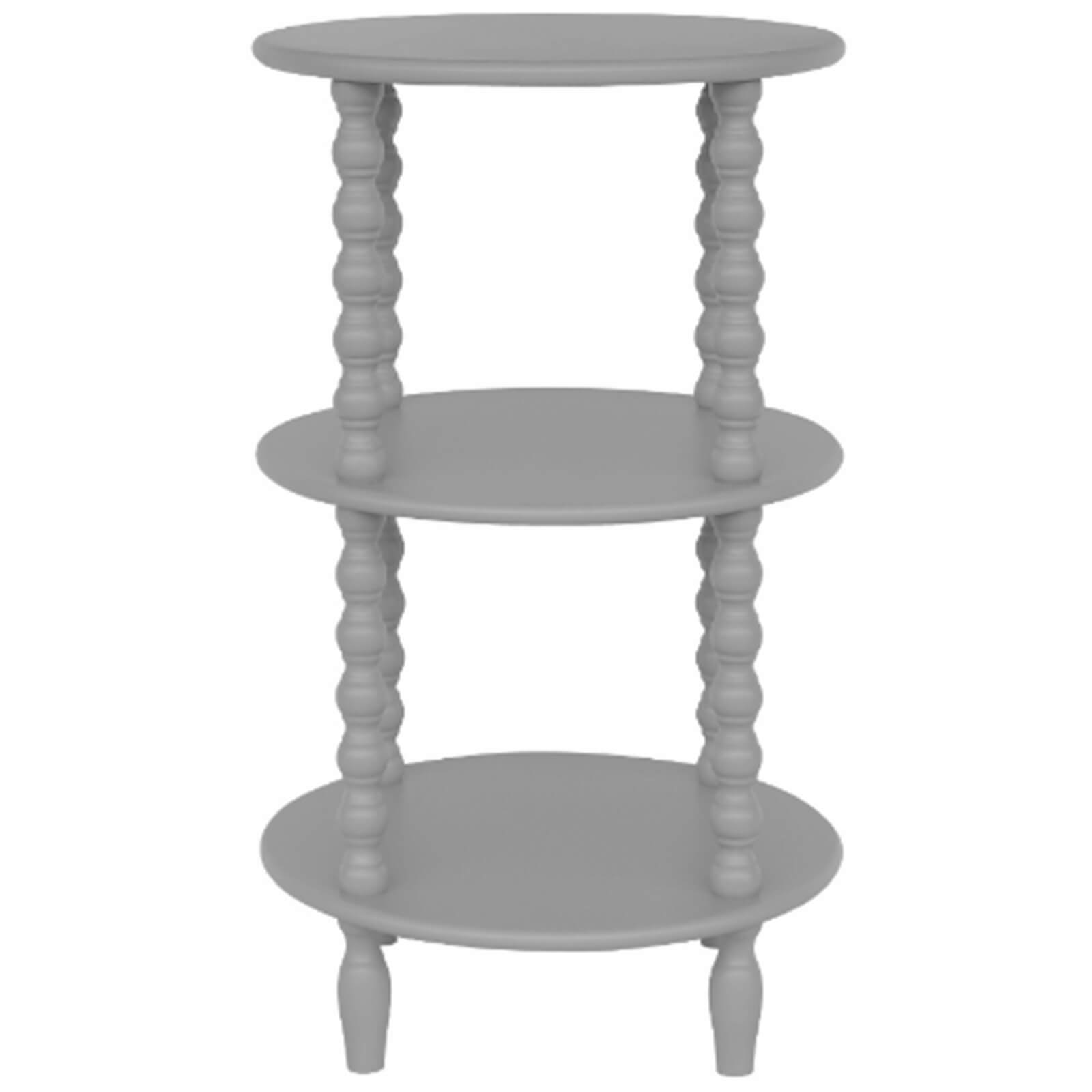 Modern round side table in warm grey wood, minimalist design with organic curves, 76cm height, solid wood construction by Sostter at brixbailey.com