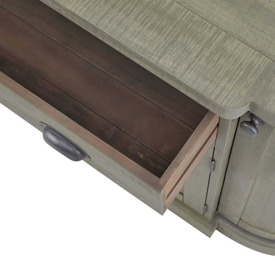 Curved sideboard in warm grey with organic wood grain, modern storage for contemporary living spaces. by Sostter at brixbailey.com
