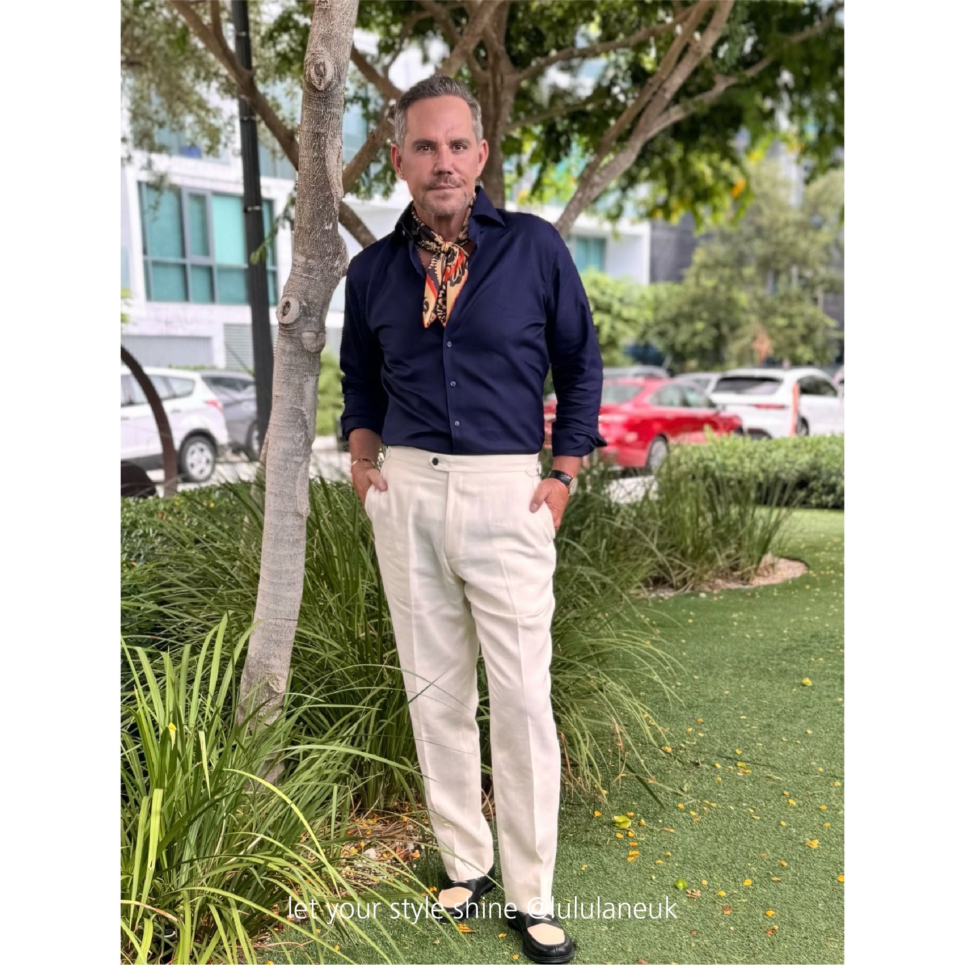 Deep Navy & Beige Regal Paisley Silk Scarf - 65cm Double-sided Print Unisex Square with Hand-rolled Edges