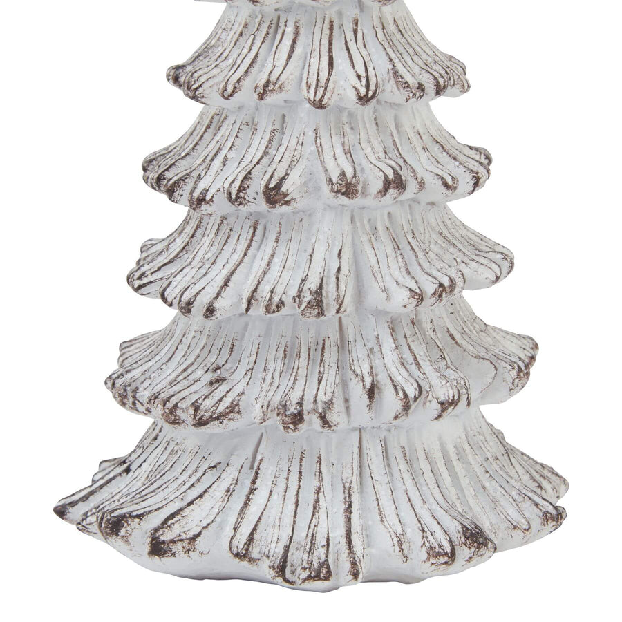 Handcrafted white resin winter fir tree sculpture with snow-dusted branches, Scandinavian minimalist decor by Sostter at brixbailey.com