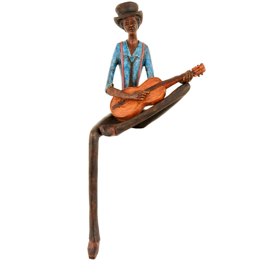 Handcrafted jazz musician resin sculpture sitting with guitar, warm brown finish, 42cm tall, part of Sitting Jazz Band series by Sostter at brixbailey.com