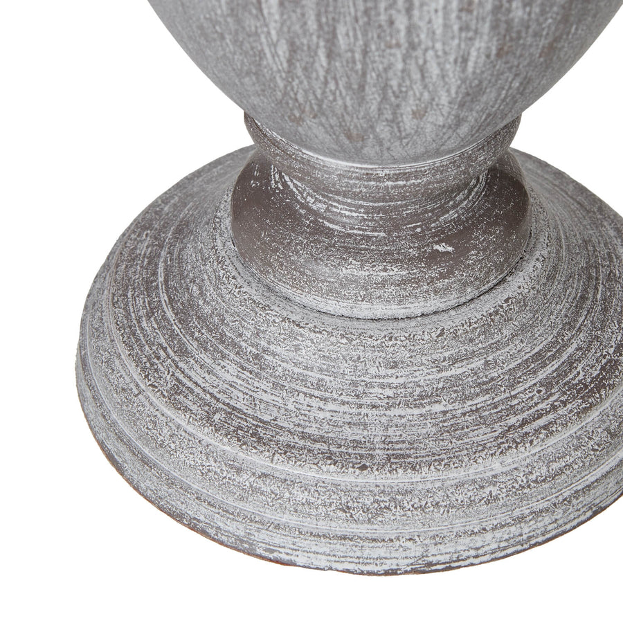 Pewter-toned Otem Urn Table Lamp with white linen shade on wooden base, 25cm height, vintage farmhouse lighting by Sostter at brixbailey.com