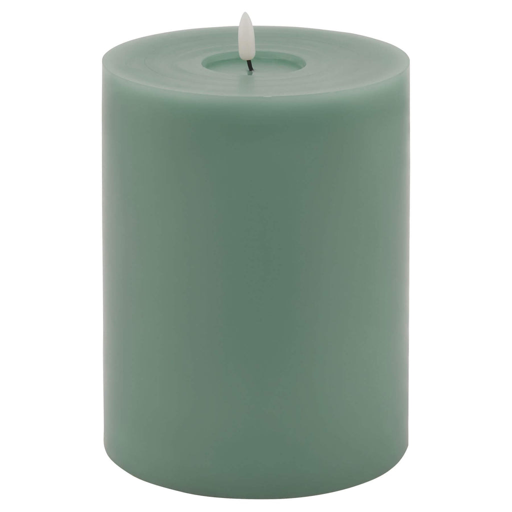 Sage LED wax candle with realistic melt effect, warm glow, modern decor accent, flame-free ambiance  by Sostter at brixbailey.com