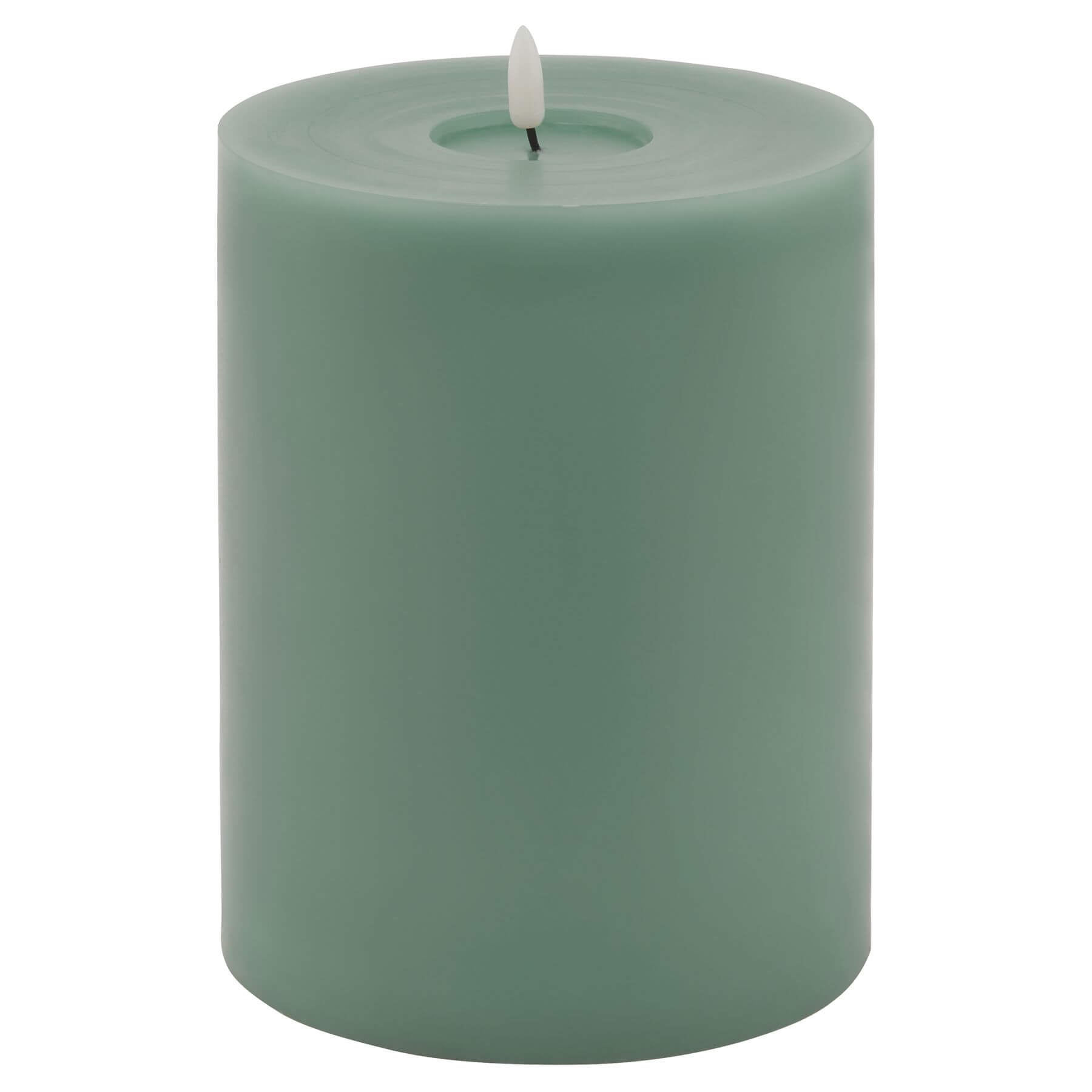 Sage LED wax candle with realistic melt effect, warm glow, modern decor accent, flame-free ambiance  by Sostter at brixbailey.com