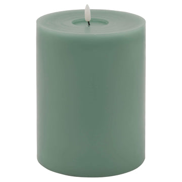 Sage LED wax candle with realistic melt effect, warm glow, modern decor accent, flame-free ambiance  by Hill Interiors at brixbailey.com