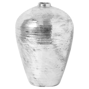 Handcrafted hammered silver vase, 57cm tall ceramic centerpiece with reflective metallic finish for modern decor. by Sostter at brixbailey.com