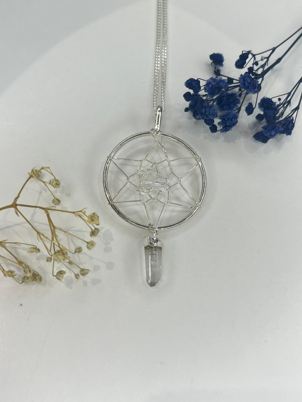Quartz Dreamcatcher Pendant Necklace with Silver Plated Chain
