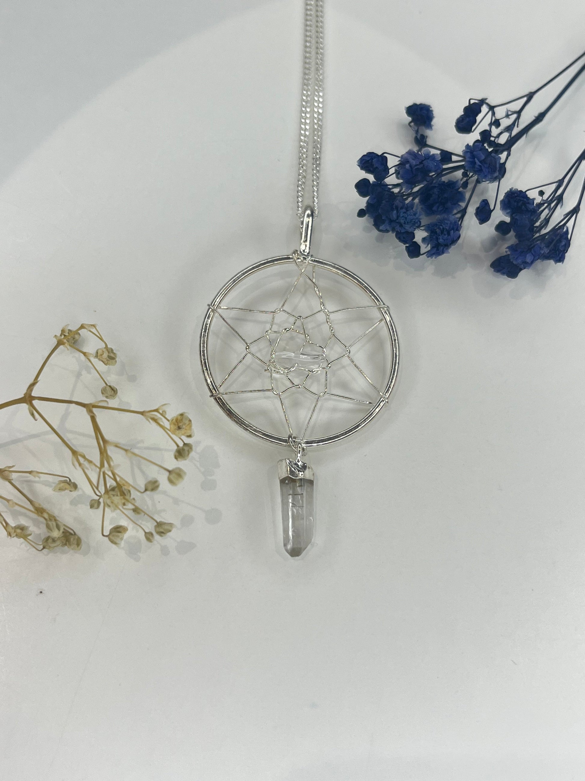 Quartz Dreamcatcher Pendant Necklace with Silver Plated Chain