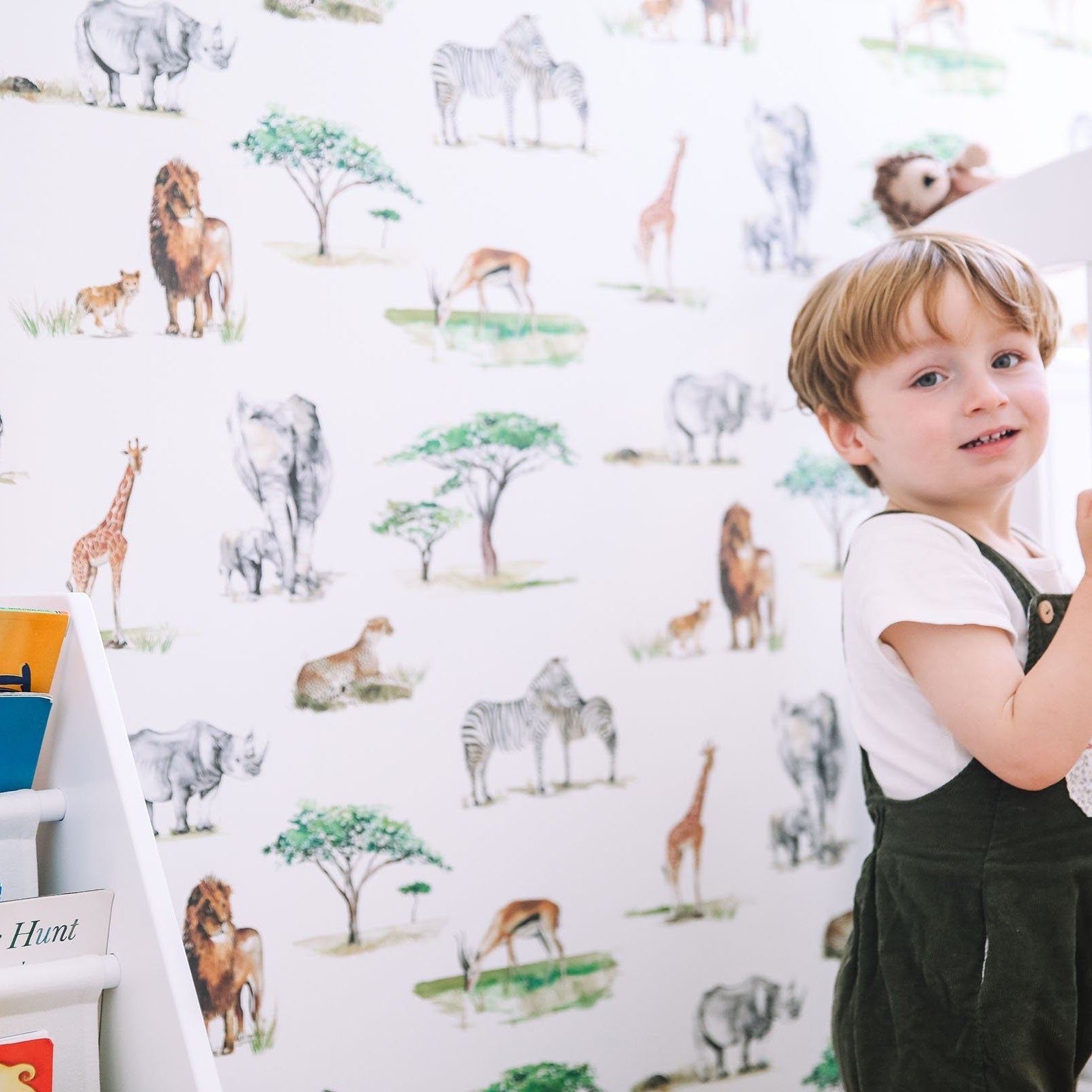 Safari Animals Hand-Designed Children's Wallpaper - Blue, Cream and Grey Colour Options