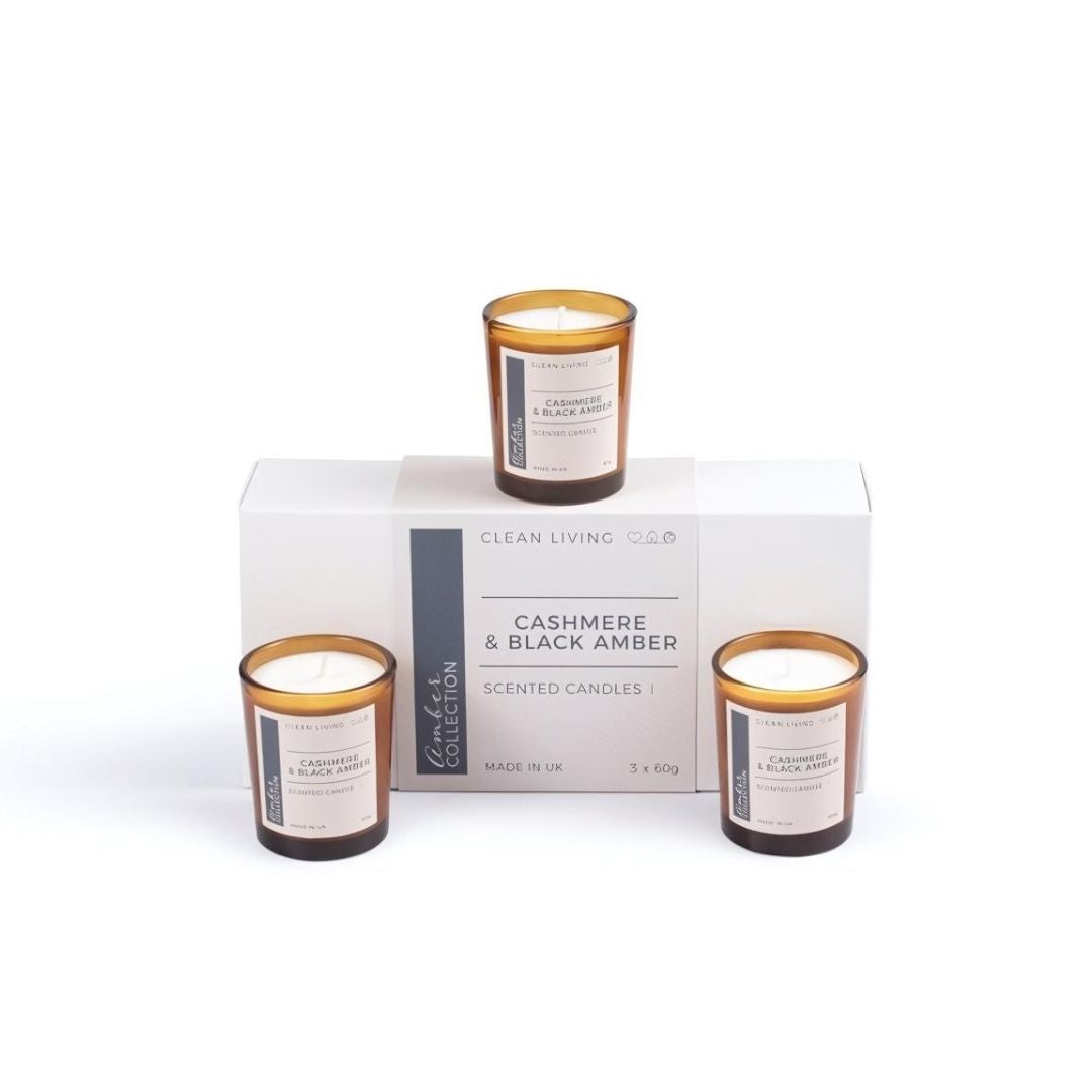 Set of 3 Amber Glass Candles in Cashmere and Black Amber