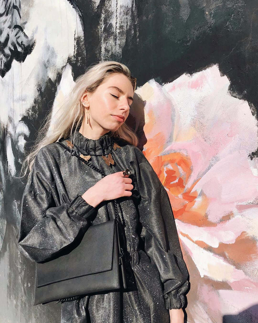 Black Matte Leather Shoulder Bag – Versatile & Handmade in Latvia by RR at brixbailey.com