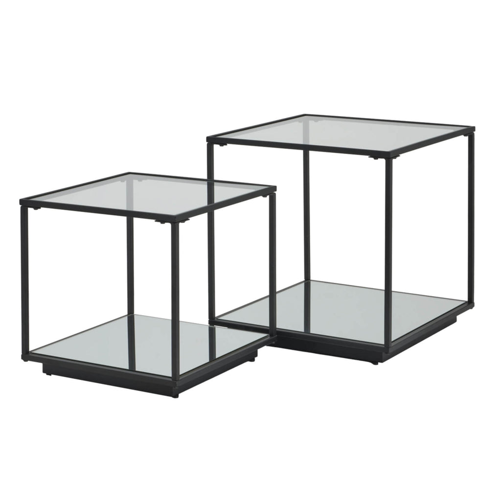Pair of modern black Lennox side tables with metal frame and glass top, minimalist contemporary design by Sostter at brixbailey.com