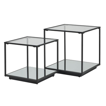 Pair of modern black Lennox side tables with metal frame and glass top, minimalist contemporary design by Sostter at brixbailey.com