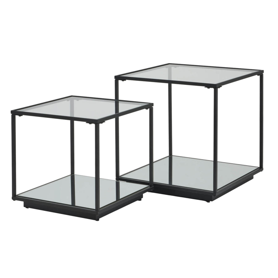 Pair of modern black Lennox side tables with metal frame and glass top, minimalist contemporary design by Sostter at brixbailey.com