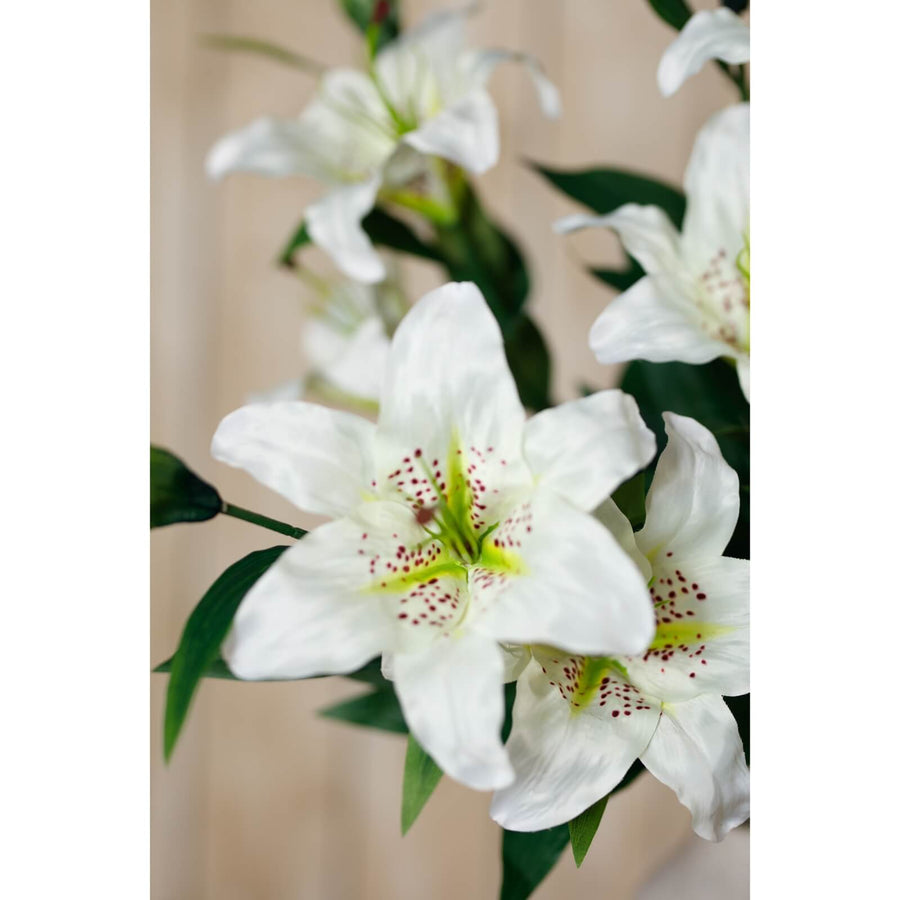 White Madonna Lily spray with lifelike ivory petals and green foliage, artificial floral decor for vases by Sostter at brixbailey.com