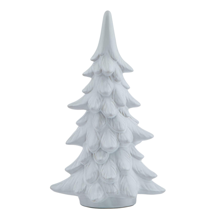 Handcrafted frosted fir tree sculpture with snow-dusted branches, 40cm white Nordic-inspired winter decor by Sostter at brixbailey.com
