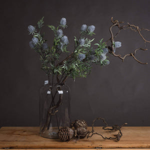 Artificial blue thistle stem with powder-blue petals and lifelike cone, perfect for rustic or coastal floral arrangements by sostter at brixbailey.com