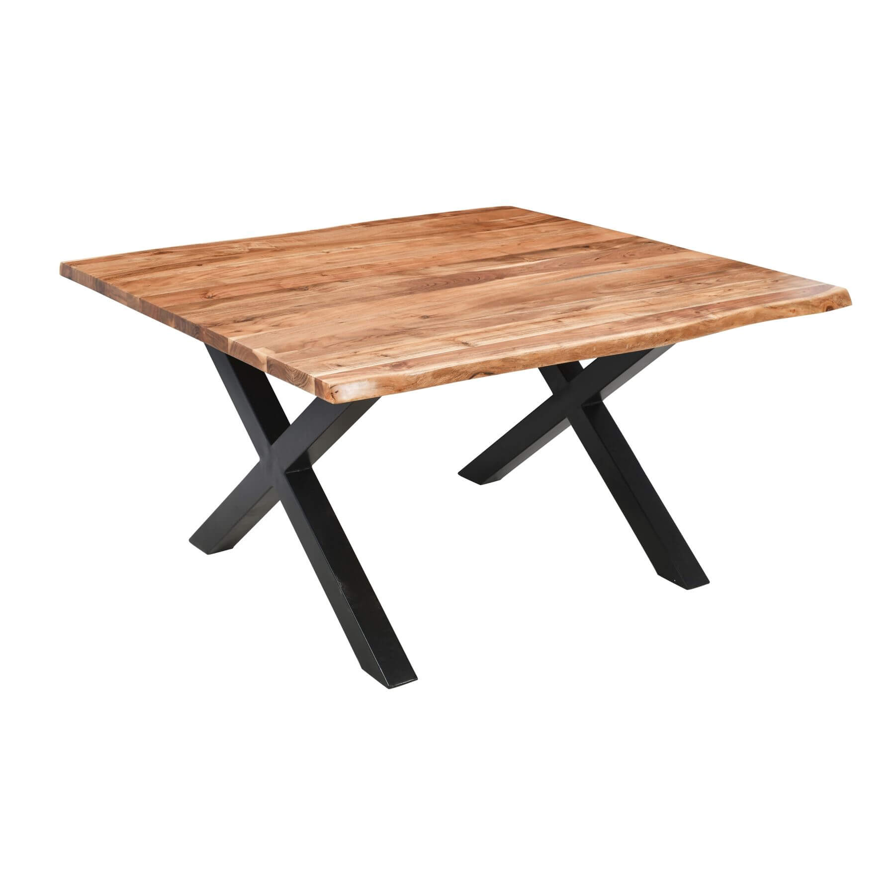Live edge square dining table with acacia wood top and black steel legs, seats 8, rustic-modern 150cm centerpiece  
** by sostter at brixbailey.com
