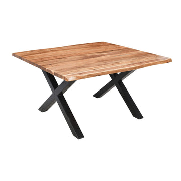 Live edge square dining table with acacia wood top and black steel legs, seats 8, rustic-modern 150cm centerpiece  

** by Sostter at brixbailey.com