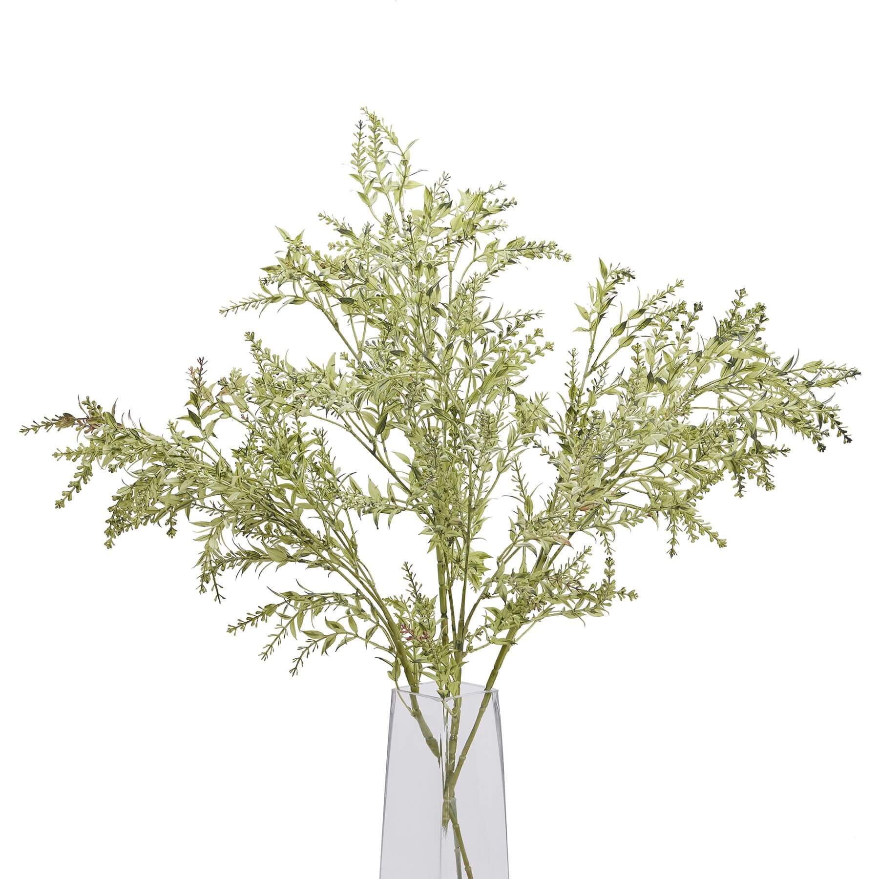 Handcrafted green plastic broom stem for floral arrangements, 75cm tall with feathery rustic botanicals design by Sostter at brixbailey.com