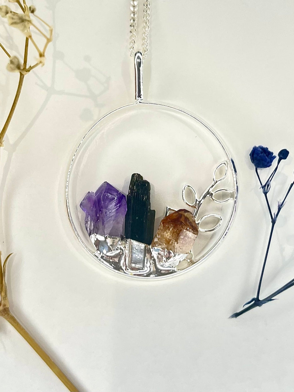 Crystal Garden Pendant Necklace with Amethyst, Black Tourmaline and Citrine