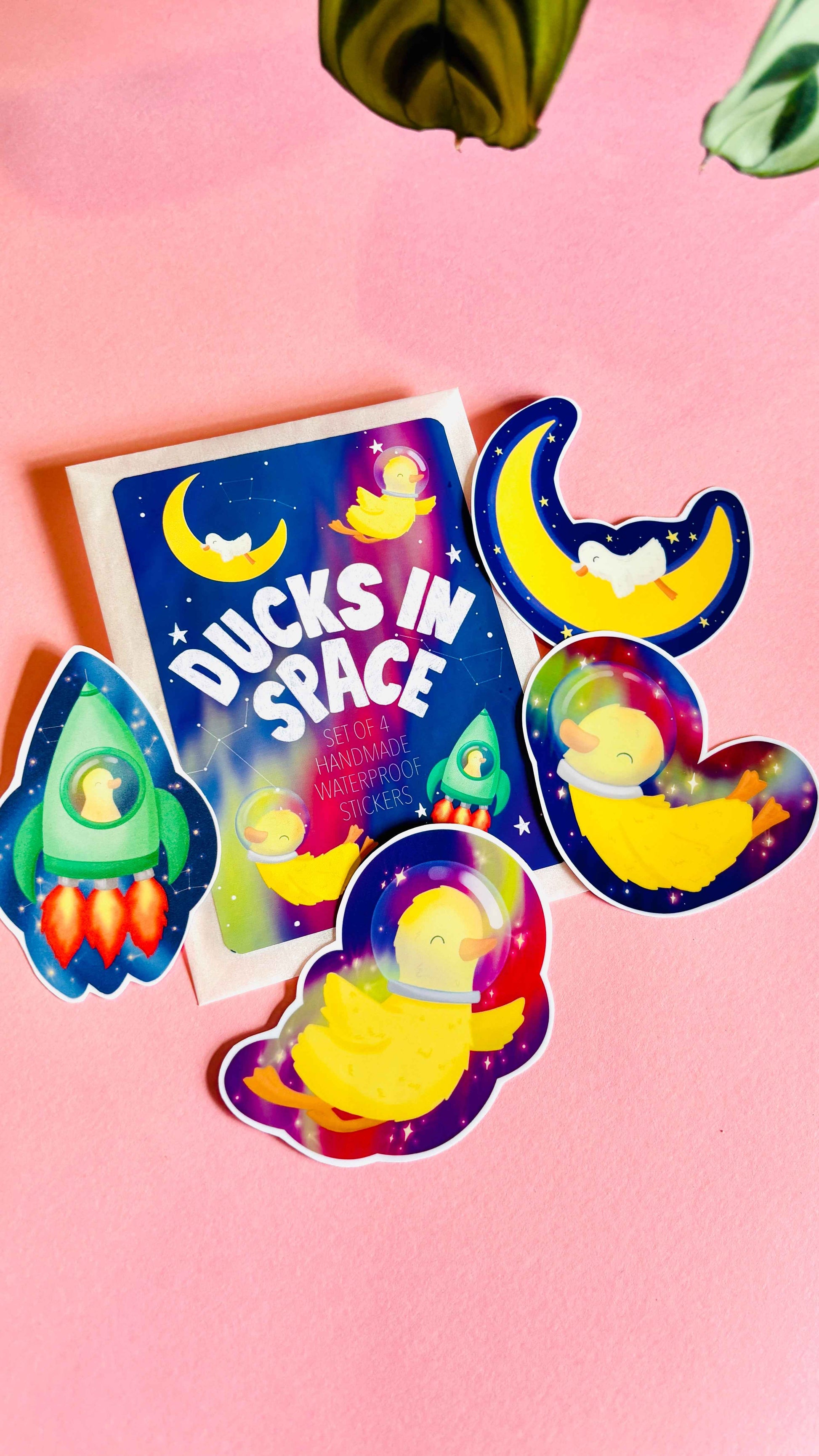 Space Duck Sticker Set- 4 Handmade 7cm Waterproof Vinyl Stickers