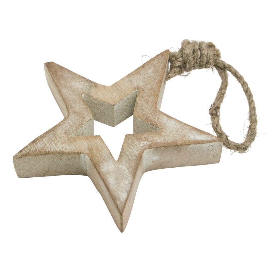 Whitewashed wooden hanging star decor, rustic farmhouse style, handcrafted with distressed finish, 10cm five-point design by Sostter at brixbailey.com