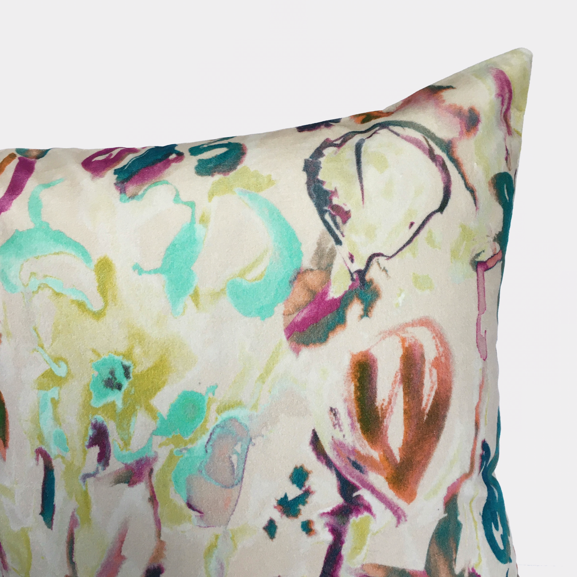 Watercolour Floral Velvet Cushion - Off White