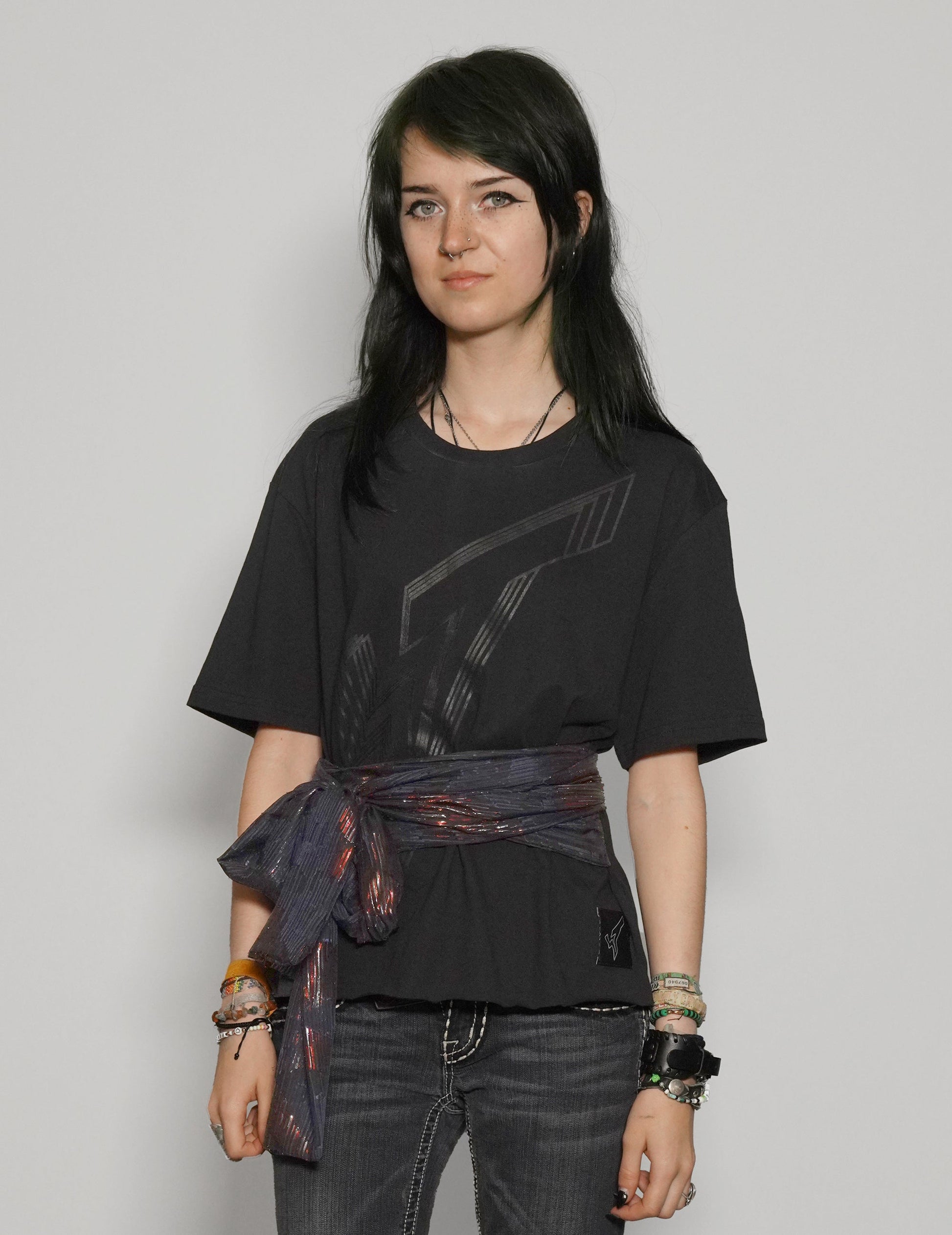 ST Lined Logo Tie-Tee in Black with Blue & Gold Tie