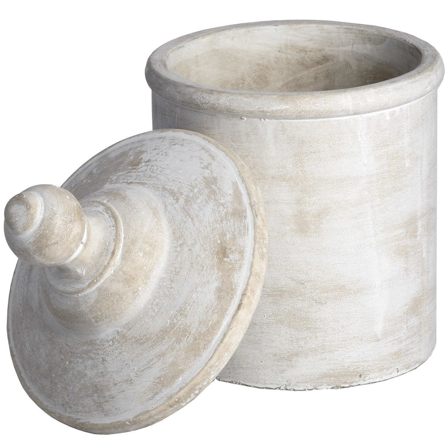 Antique white stone canister with European design, subtle patina, perfect for storage or decor, 31cm height. by Sostter at brixbailey.com