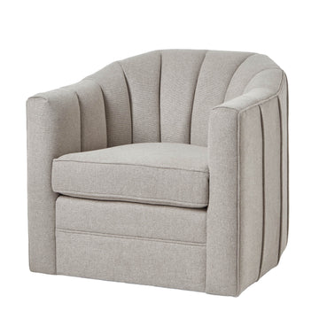 Lily Swivel Chair in oatmeal twill fabric, modern neutral-toned accent chair with wood base and 360-degree rotation by Sostter at brixbailey.com
