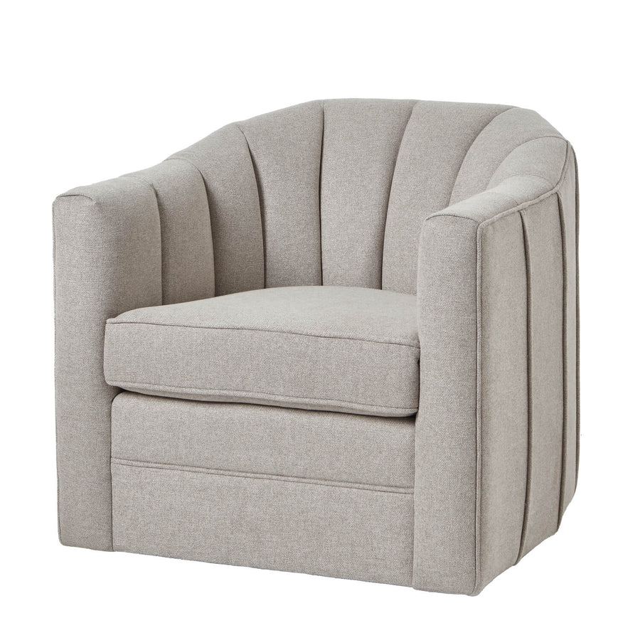 Lily Swivel Chair in oatmeal twill fabric, modern neutral-toned accent chair with wood base and 360-degree rotation by Sostter at brixbailey.com