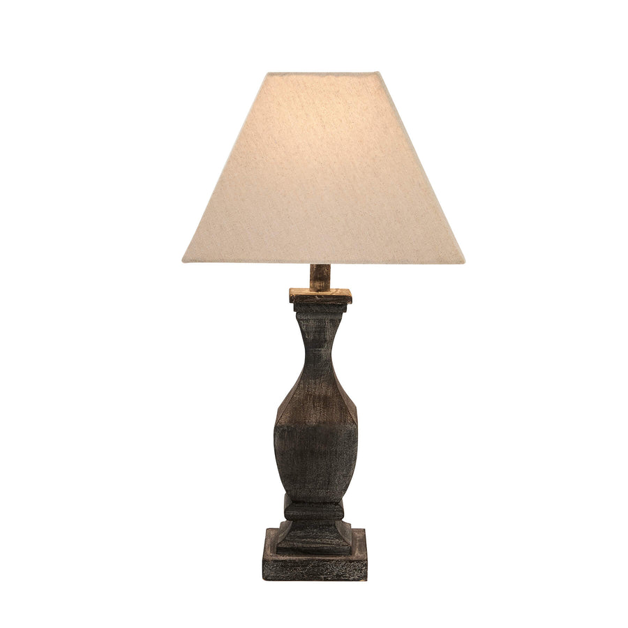 Handcrafted Incia table lamp with grey-washed wood base and natural linen shade for modern or rustic interiors. by Sostter at brixbailey.com