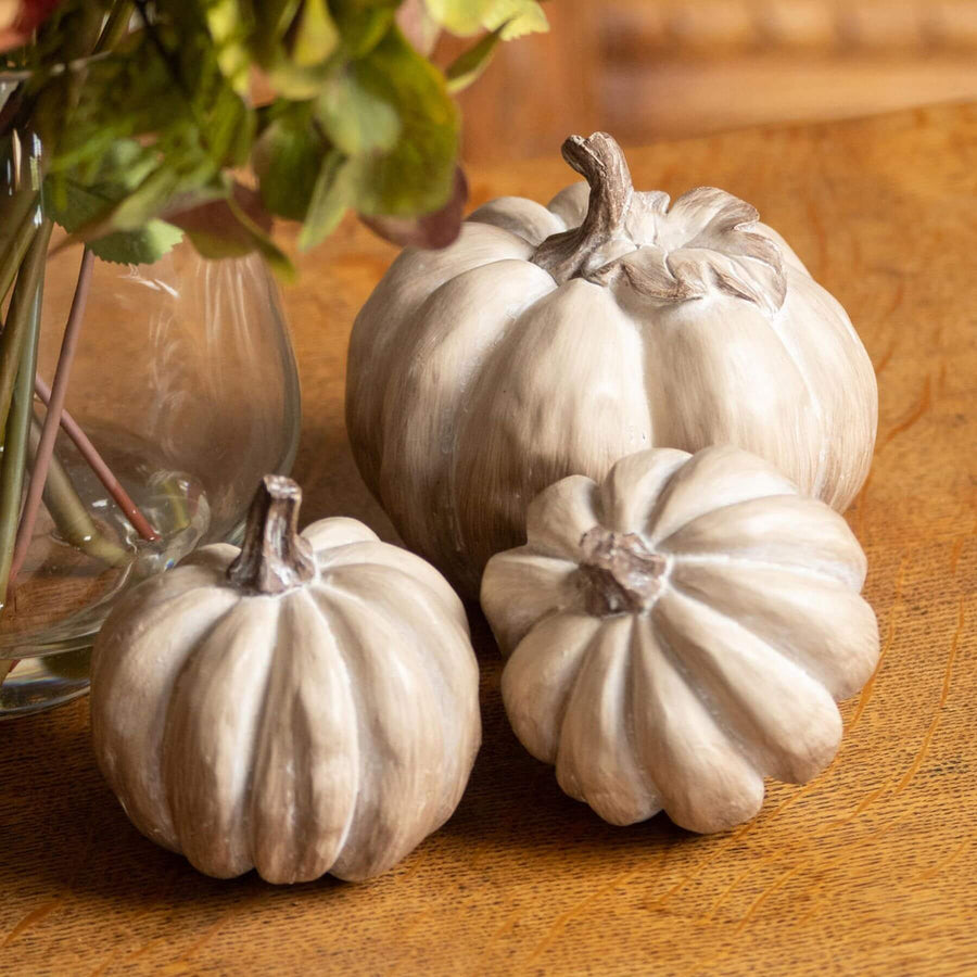 Set of 3 carved wood-effect resin pumpkins in grey tones, perfect for autumn home decor. by Sostter at brixbailey.com