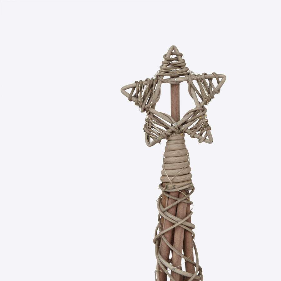 Handwoven LED wicker tree with warm lights, natural brown fibers, and star-topped design for holiday decor by Sostter at brixbailey.com