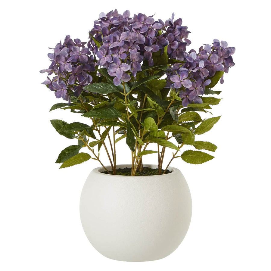 Lavender faux hydrangea plant in pot, lifelike purple blooms, artificial floral decor for home or office by Sostter at brixbailey.com